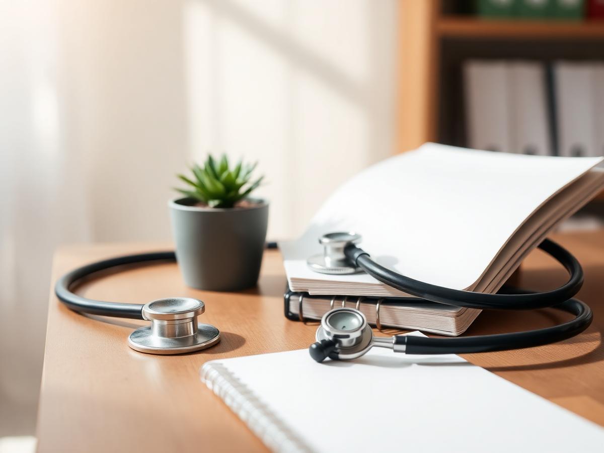 A doctor's stethoscope and notebook